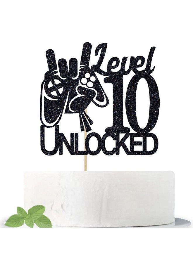 Video Game Level 10 Unlocked Birthday Cake Topper Black Glitter Boys 10Th Birthday Cake Decorations Level Up Winner Party Decoration Supplies  - Image 2