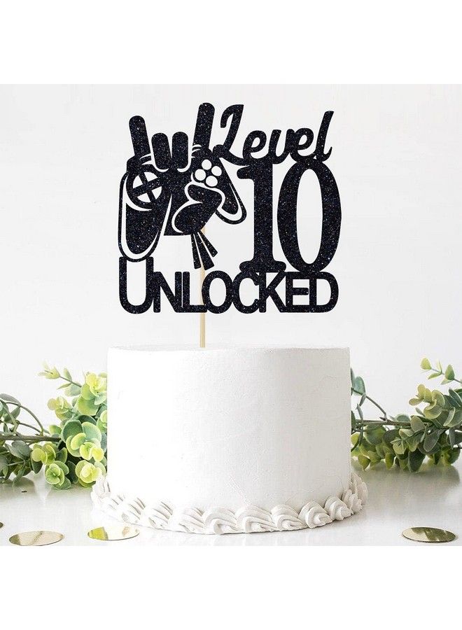 Video Game Level 10 Unlocked Birthday Cake Topper Black Glitter Boys 10Th Birthday Cake Decorations Level Up Winner Party Decoration Supplies  - Image 4
