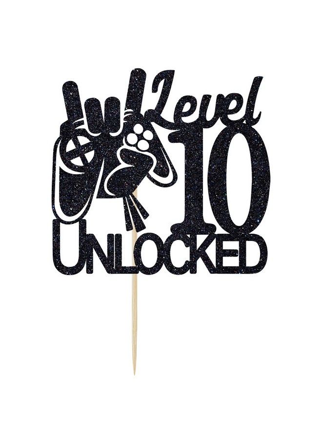 Video Game Level 10 Unlocked Birthday Cake Topper Black Glitter Boys 10Th Birthday Cake Decorations Level Up Winner Party Decoration Supplies  - Image 3