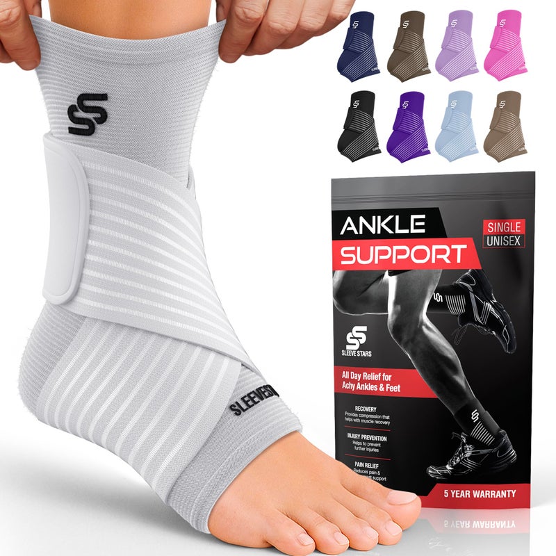 SS SLEEVE STARS Sleeve Stars Ankle Brace for Women Men Ankle Wrap for Sprain Compression Sleeve for Plantar Fasciitis Relief Easy Customizable Support w Removable Strap SingleM1012White 