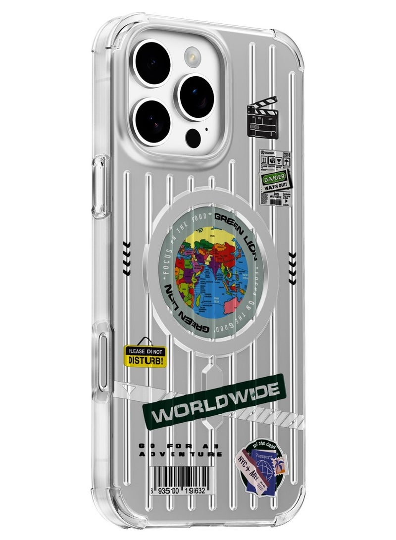 GREEN LION iPhone 16 Pro Max Magsafe Case Globe / Dual-Sided Coating / Comfortable Grip / Drop-Protection / Strong Magnets / Anti-Scratch Cover - Silver - Image 1