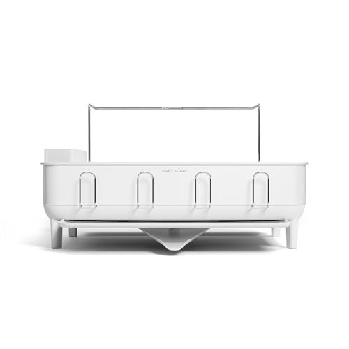 simplehuman Steel Frame Dishrack, Large Capacity Dish Drying Rack, 360º Easy Drain Swivel Spout, Utensil & Wine Glass Holder, Anti-Residue Coating, Moisture Control Surface, White - Image 1