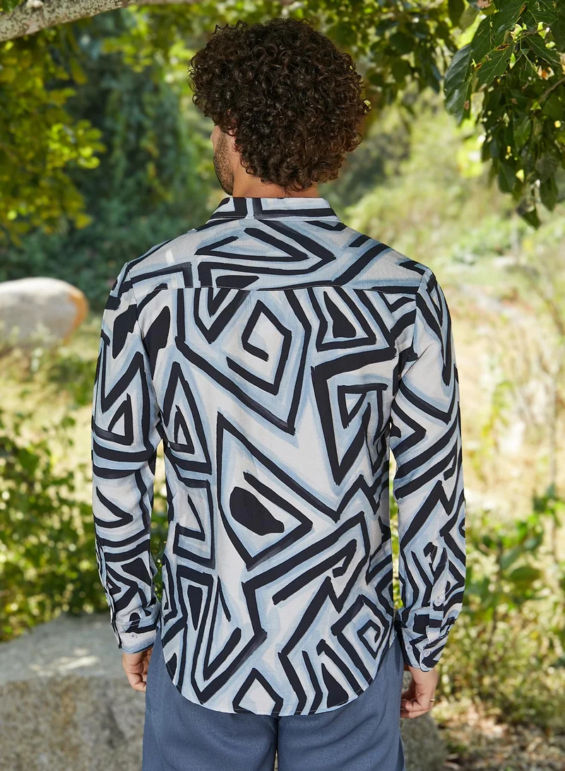 Campus Sutra Men's Onyx Black & Sky Blue Abstract Breezy Shirt