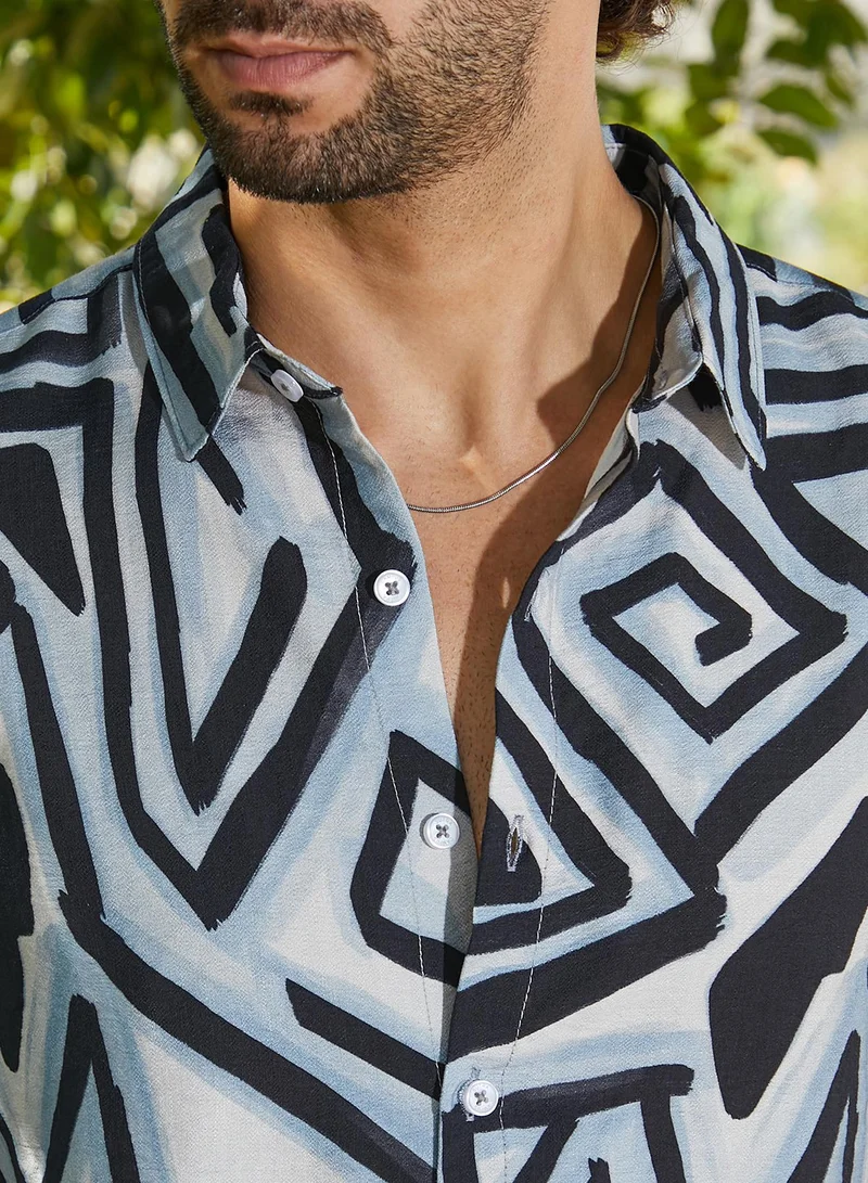 Campus Sutra Men's Onyx Black & Sky Blue Abstract Breezy Shirt
