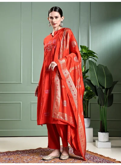 PRIYA’S PANACHE Solid Lotus Embroidered Muslin Silk Straight Kurta Pant Dupatta Set | Indian Festive Dress for Women | Kurti Salwar Suit Set