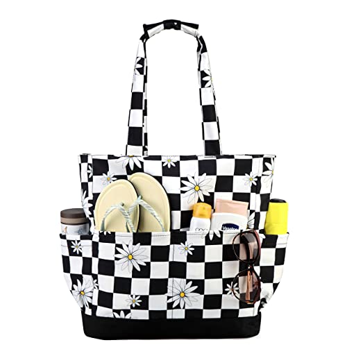 VASCHY Beach Bag for Women, Lightweight Large Water Resistant Sandproof Fold-able Packable Pool Tote Bag w Zipper/Pockets for Vacation Checker - Image 1