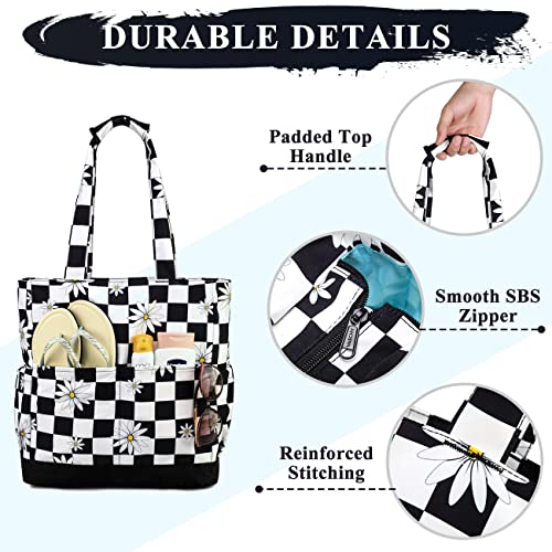VASCHY Beach Bag for Women, Lightweight Large Water Resistant Sandproof Fold-able Packable Pool Tote Bag w Zipper/Pockets for Vacation Checker - Image 3