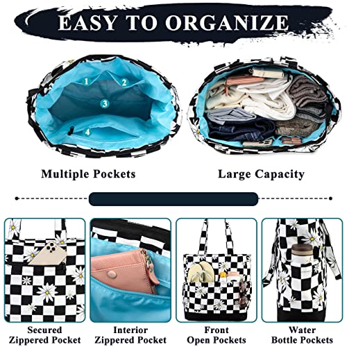 VASCHY Beach Bag for Women, Lightweight Large Water Resistant Sandproof Fold-able Packable Pool Tote Bag w Zipper/Pockets for Vacation Checker - Image 4