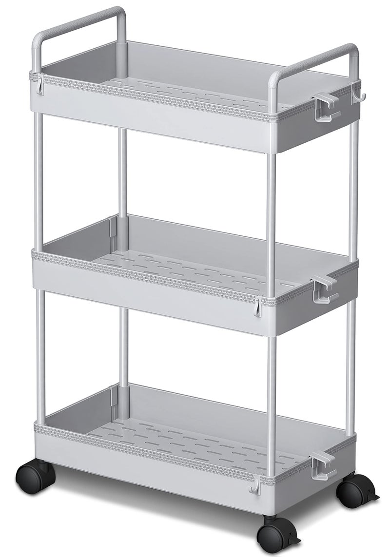 Ronlap 3 Tier Slim Rolling Storage Cart with Wheels Plastic Utility Cart Organizer for Snack Craft Art Postpartum Baby Diaper Nail Makeup in Bathroom Laundry Room Kitchen Bedside Narrow Space Grey