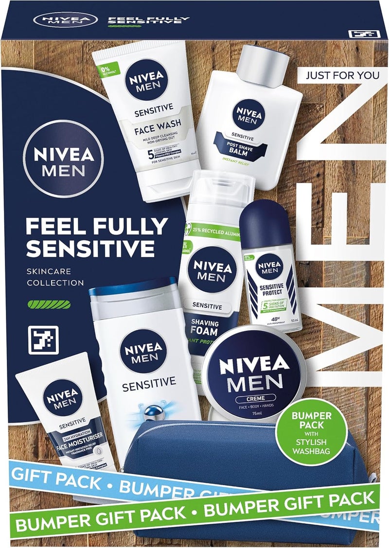 NIVEA MEN Feel Fully Sensitive Skincare Gift Set 8 Products Includes Shower Gel AntiPerspirant Face Wash Shaving Foam Post Shave Balm Moisturisers and Wash Bag