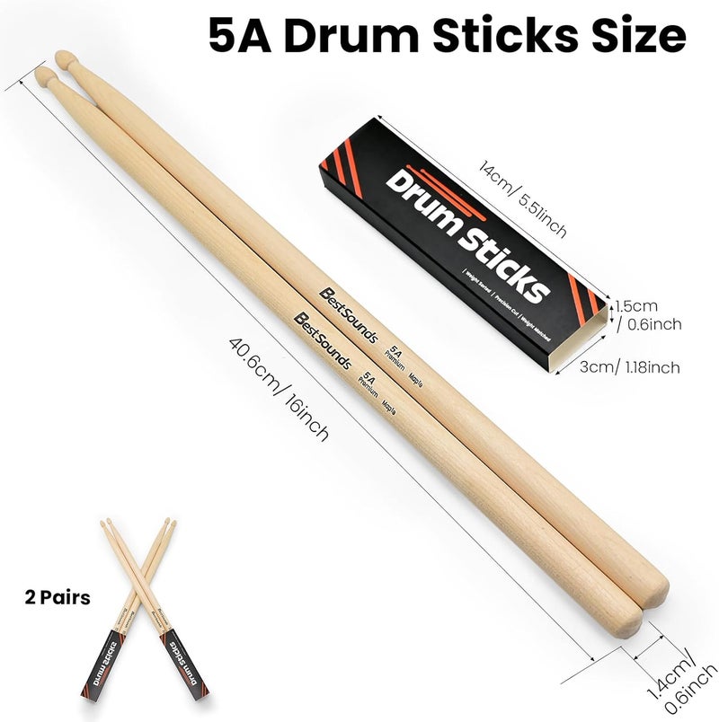 BestSounds 2 Pairs Drum Sticks 5A, Professional Classic Maple Wood Drumsticks, Wood Tip for Acoustic Drums or Electronic Drums, Adults, Kids and Beginners (2Pairs) - Image 5