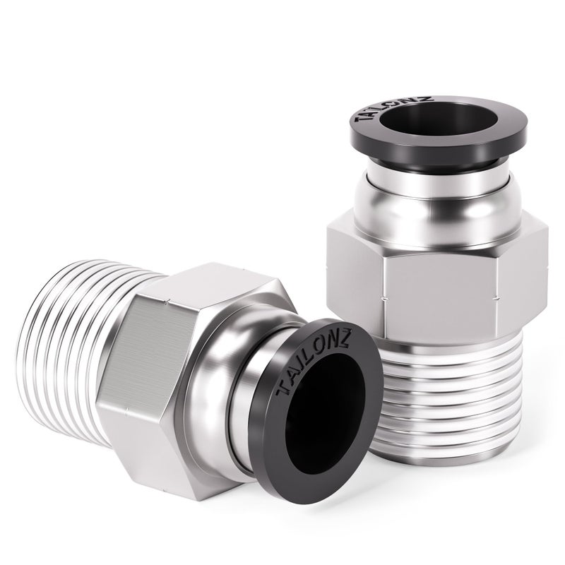 TAILONZ PNEUMATIC Male Straight 3/8 Inch Tube OD x 1/4 Inch NPT Thread Push to Connect Fittings PC-3/8-N2 (Pack of 2)