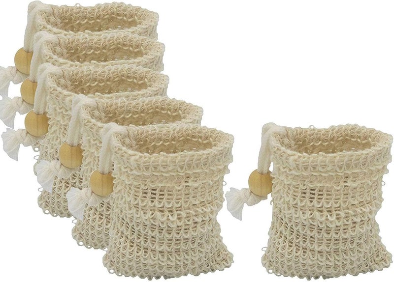 (6 Pack) MINI Sisal Ramie Soap Saver Bag in 100% Natural and Organic Luffa Loofa Scrubber Exfoliating Loofah Pouch with Drawstring and Wooden Bead Holder