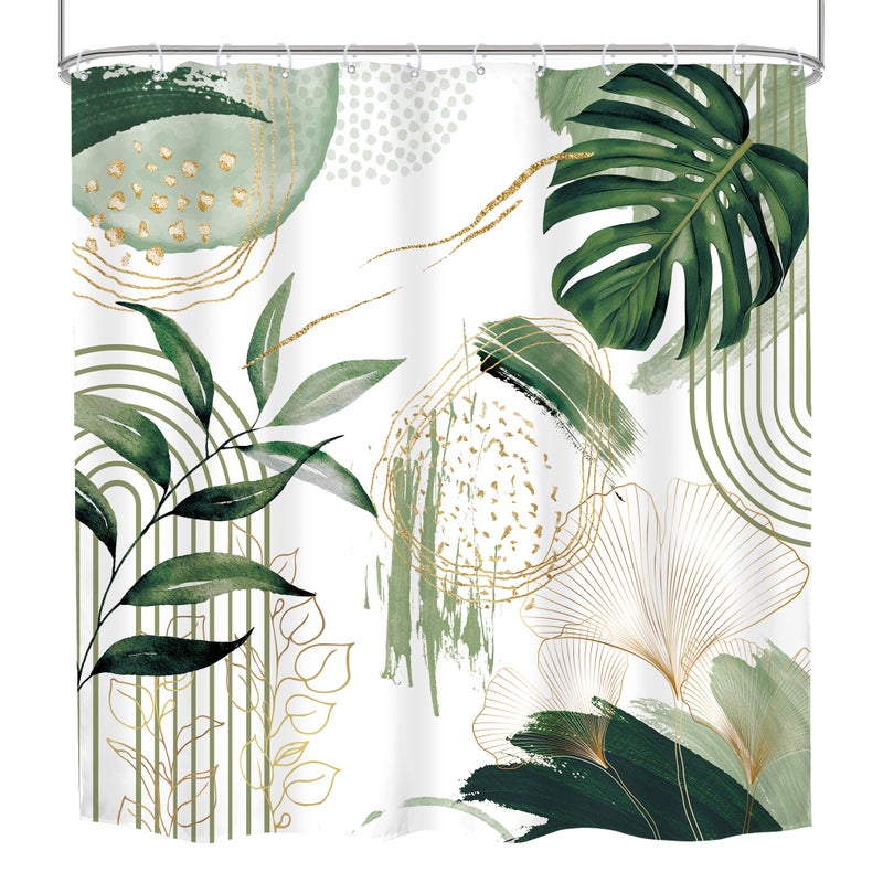 Mitpok Sage Green Boho Shower Curtain Mid Century Modern Abstract Tropical Palm Leaves Minimalist Gold Olive Geometric Plant 72Wx72H Bathroom Decor Bath Curtain Liner Fabric Polyester 12 Pack Hooks - Image 5
