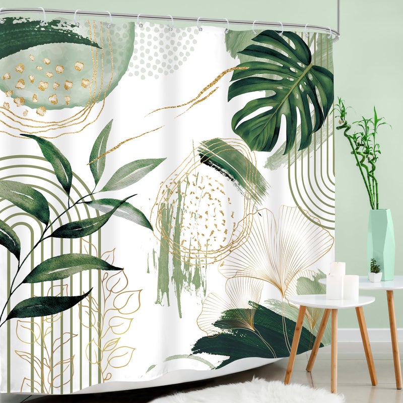 Mitpok Sage Green Boho Shower Curtain Mid Century Modern Abstract Tropical Palm Leaves Minimalist Gold Olive Geometric Plant 72Wx72H Bathroom Decor Bath Curtain Liner Fabric Polyester 12 Pack Hooks - Image 3