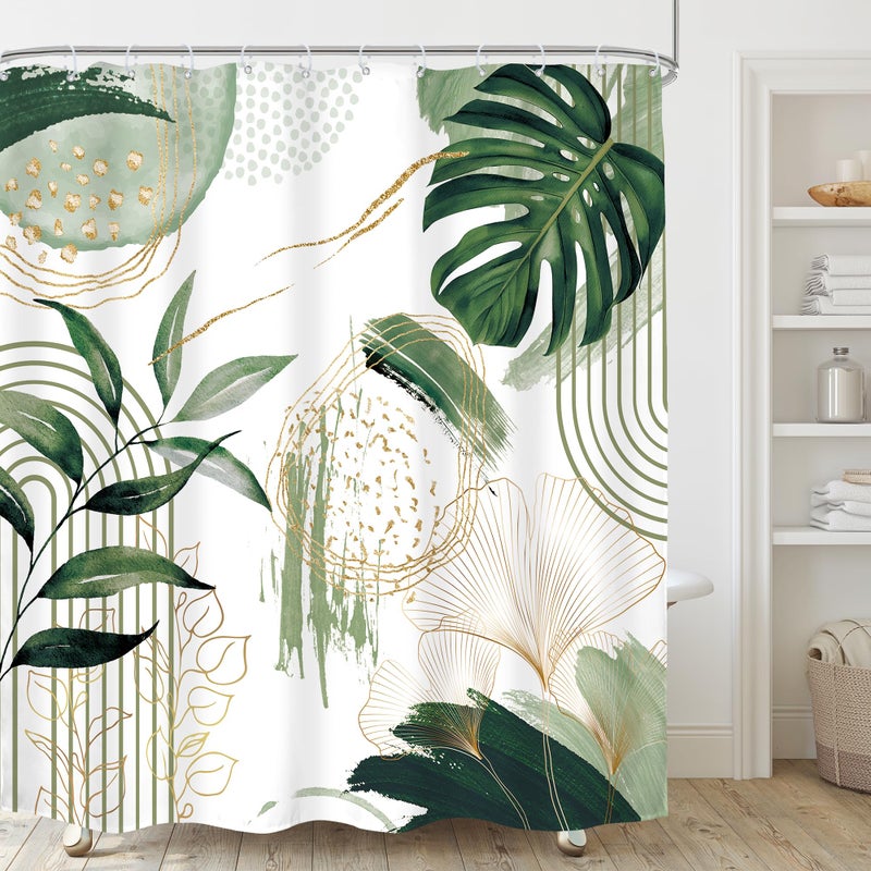 Mitpok Sage Green Boho Shower Curtain Mid Century Modern Abstract Tropical Palm Leaves Minimalist Gold Olive Geometric Plant 72Wx72H Bathroom Decor Bath Curtain Liner Fabric Polyester 12 Pack Hooks - Image 2