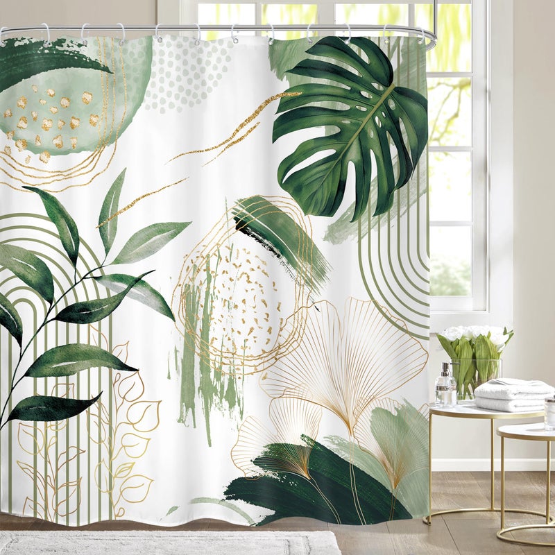 Mitpok Sage Green Boho Shower Curtain Mid Century Modern Abstract Tropical Palm Leaves Minimalist Gold Olive Geometric Plant 72Wx72H Bathroom Decor Bath Curtain Liner Fabric Polyester 12 Pack Hooks - Image 1