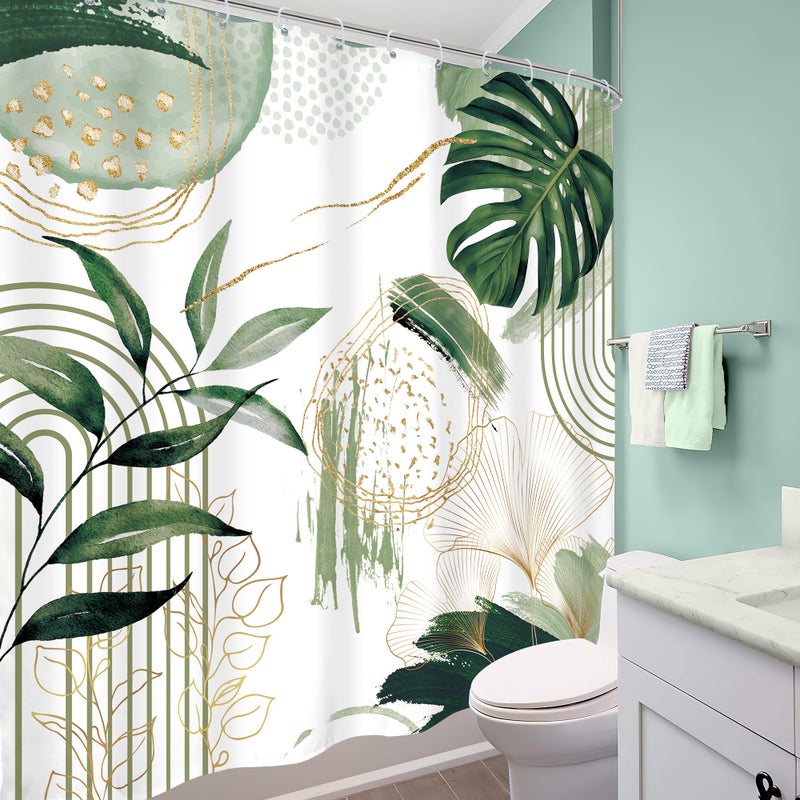 Mitpok Sage Green Boho Shower Curtain Mid Century Modern Abstract Tropical Palm Leaves Minimalist Gold Olive Geometric Plant 72Wx72H Bathroom Decor Bath Curtain Liner Fabric Polyester 12 Pack Hooks - Image 4