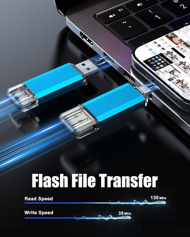 Kootion USB C Flash Drive 128GB 2 in 1 OTG USB 3.0/Type C Thumb Drive Dual Drive USB C Memory Stick for Smartphone/Laptop/Tablet/PC - 128G, Blue - Image 3