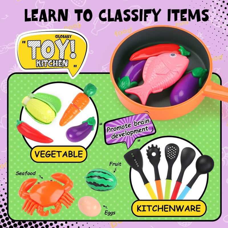 GILOBABY Play Kitchen Accessories, Play Food Sets for Kids Kitchen Playset with Pots and Pans Set, Cooking Utensils, Preschool Learning Education Toys for Toddlers, Birthday Gifts for Girls (Red) - Image 3