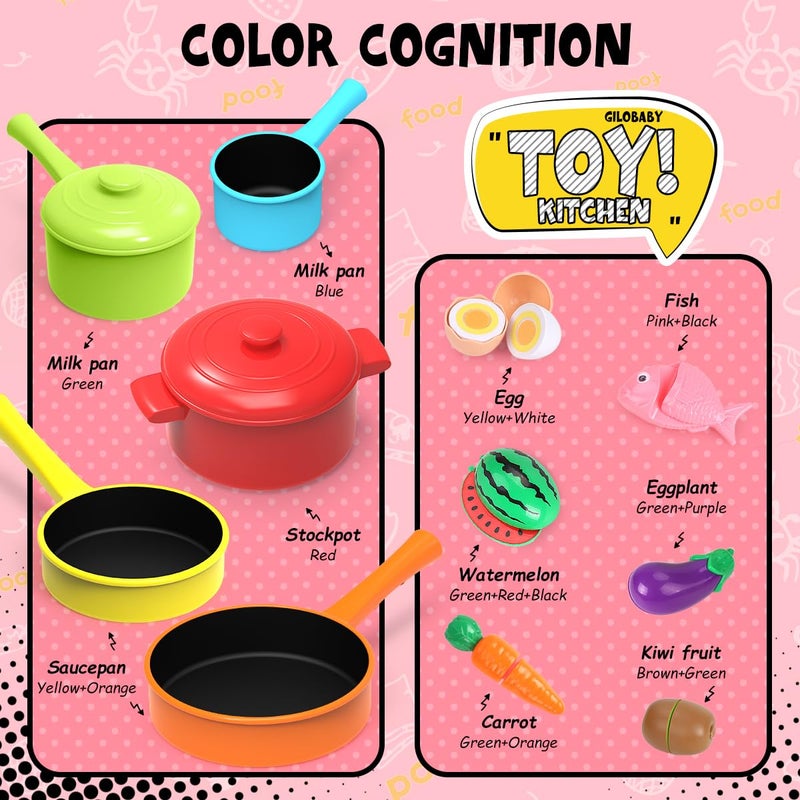 GILOBABY Play Kitchen Accessories, Play Food Sets for Kids Kitchen Playset with Pots and Pans Set, Cooking Utensils, Preschool Learning Education Toys for Toddlers, Birthday Gifts for Girls (Red) - Image 2