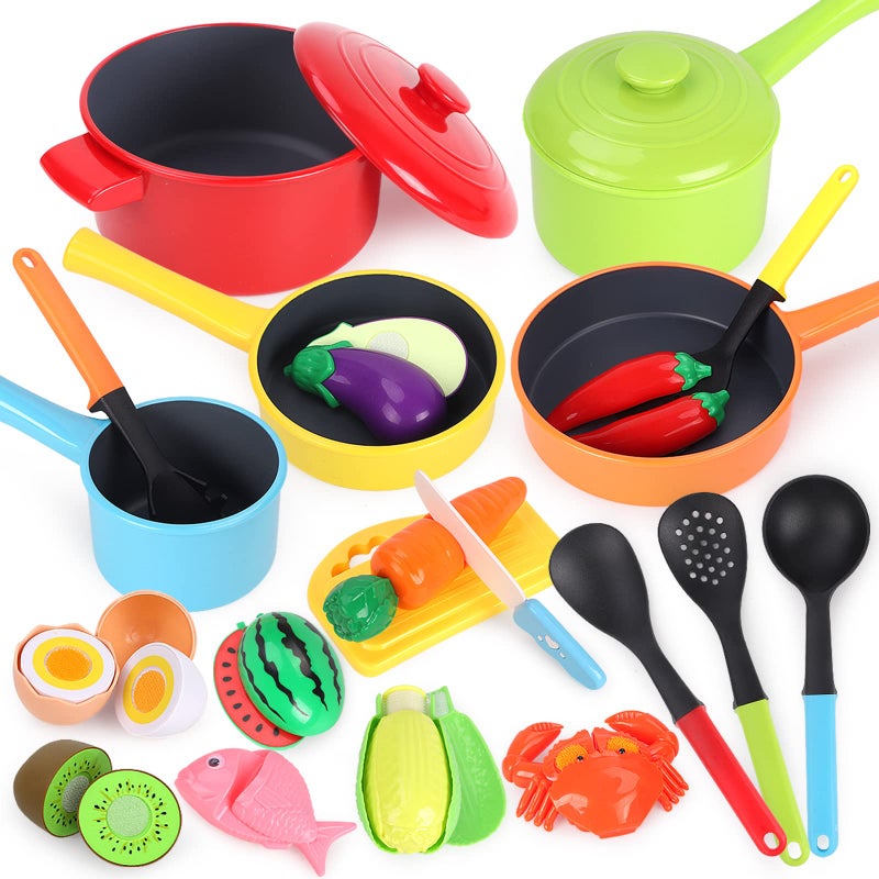 GILOBABY Play Kitchen Accessories, Play Food Sets for Kids Kitchen Playset with Pots and Pans Set, Cooking Utensils, Preschool Learning Education Toys for Toddlers, Birthday Gifts for Girls (Red) - Image 1