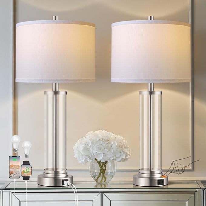 TOUCH CONTROL TABLE LAMPS SET OF 2 WITH USB AC PORTS 3WAY DIMMABLE BEDSIDE LAMP FOR LIVING ROOM BEDROOM HOUSE MODERN NIGHTSTAND LAMP WITH 2 LED BULBS