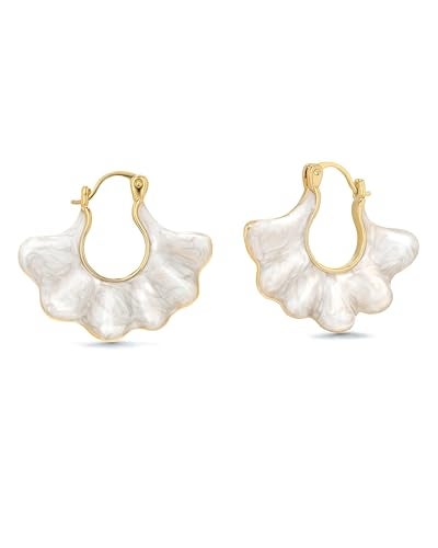 SNGIA 18K gold plated White Cream Enamel Flower Stud Statement Earrings for Women by SNGIA, Dainty Bold Retro Handmade Trendy Natural Sea Summer Boho Seashell Beach Fan Shape Summer Vacation Huggie Bohemian Jewelry Gifts Accessories - Image 1