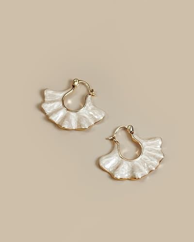 SNGIA 18K gold plated White Cream Enamel Flower Stud Statement Earrings for Women by SNGIA, Dainty Bold Retro Handmade Trendy Natural Sea Summer Boho Seashell Beach Fan Shape Summer Vacation Huggie Bohemian Jewelry Gifts Accessories - Image 4