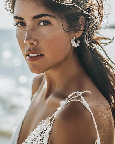 SNGIA 18K gold plated White Cream Enamel Flower Stud Statement Earrings for Women by SNGIA, Dainty Bold Retro Handmade Trendy Natural Sea Summer Boho Seashell Beach Fan Shape Summer Vacation Huggie Bohemian Jewelry Gifts Accessories - Image 3
