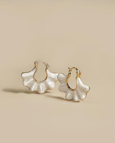 SNGIA 18K gold plated White Cream Enamel Flower Stud Statement Earrings for Women by SNGIA, Dainty Bold Retro Handmade Trendy Natural Sea Summer Boho Seashell Beach Fan Shape Summer Vacation Huggie Bohemian Jewelry Gifts Accessories - Image 5
