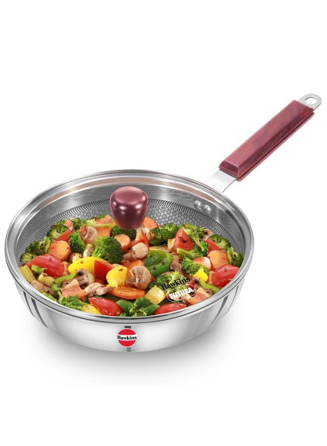 Hawkins 22 cm Frying Pan with Glass Lid, Triply Stainless Steel Shielded Nonstick Fry Pan with Rosewood Handle, Honeycomb, Induction, Silver (NSF22G) - Image 1