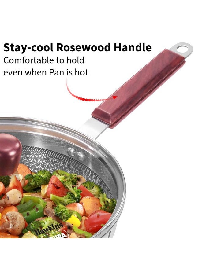 Hawkins 22 cm Frying Pan with Glass Lid, Triply Stainless Steel Shielded Nonstick Fry Pan with Rosewood Handle, Honeycomb, Induction, Silver (NSF22G) - Image 5