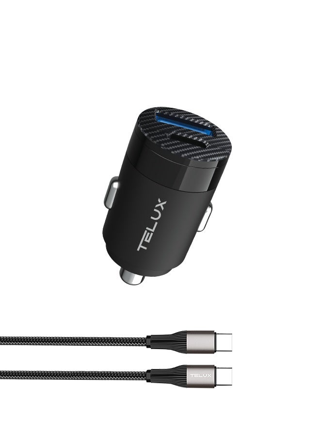TELUX POWERGO 65W USB-C Fast Car Charger with 1.2M Braided USB-C to USB-C Cable, Dual Port, Compact Car Adapter, Universal Compatibility for Laptop, Tablet & Mobile - Image 1