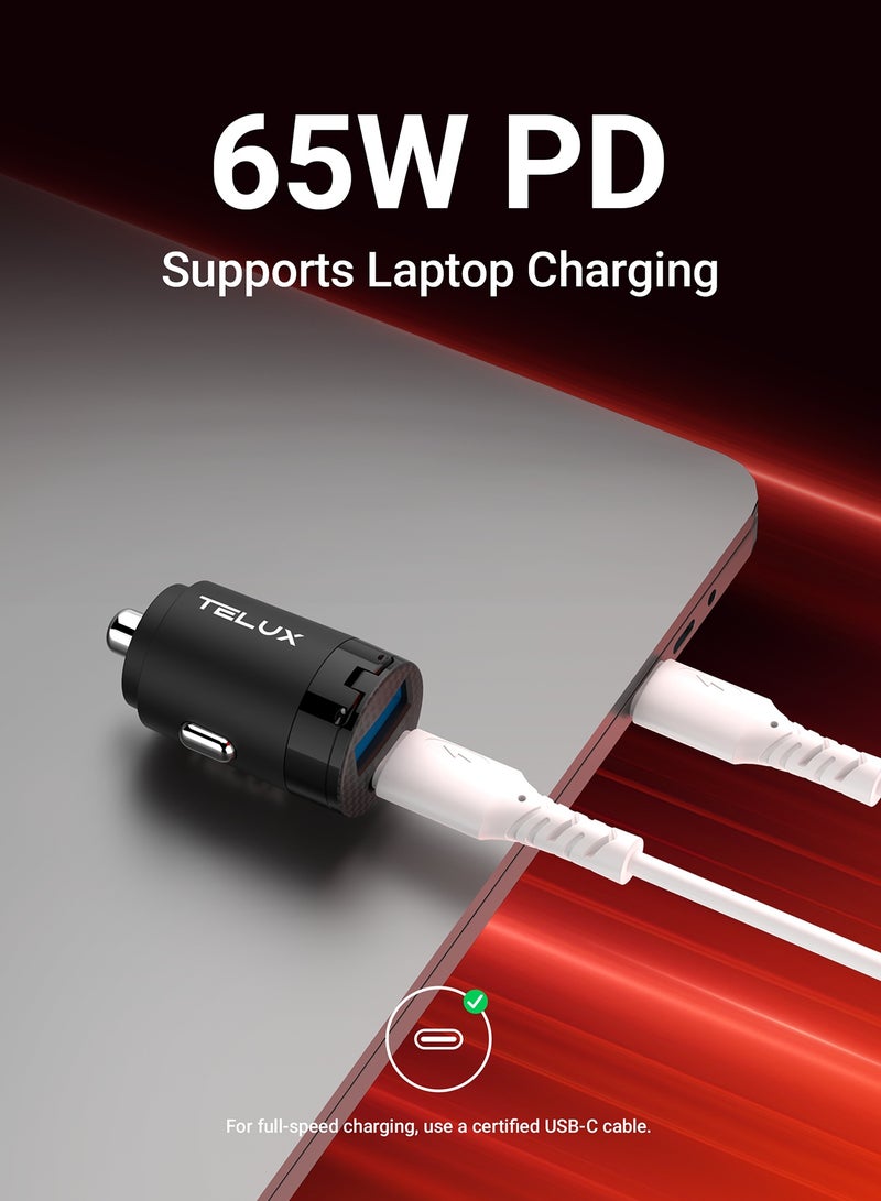TELUX POWERGO 65W USB-C Fast Car Charger with 1.2M Braided USB-C to USB-C Cable, Dual Port, Compact Car Adapter, Universal Compatibility for Laptop, Tablet & Mobile - Image 2