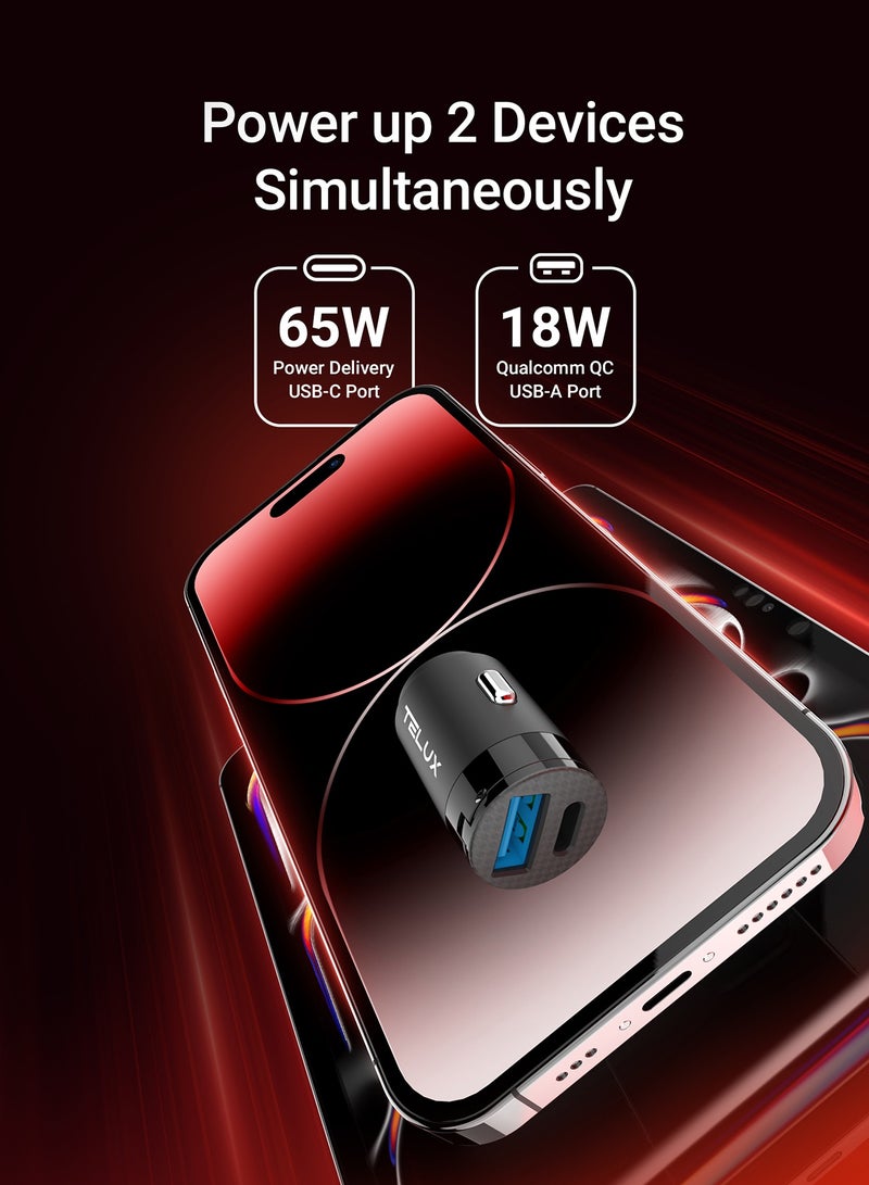 TELUX POWERGO 65W USB-C Fast Car Charger with 1.2M Braided USB-C to USB-C Cable, Dual Port, Compact Car Adapter, Universal Compatibility for Laptop, Tablet & Mobile - Image 3