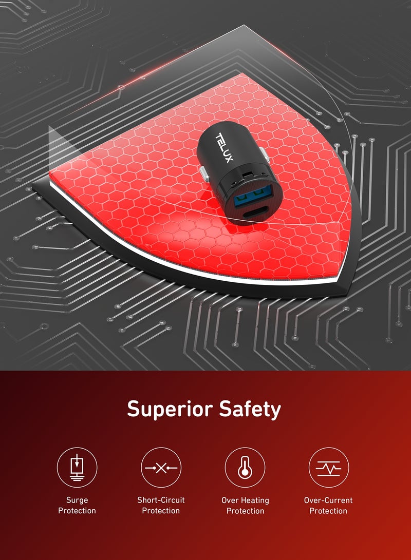 TELUX POWERGO 65W USB-C Fast Car Charger with 1.2M Braided USB-C to USB-C Cable, Dual Port, Compact Car Adapter, Universal Compatibility for Laptop, Tablet & Mobile - Image 4