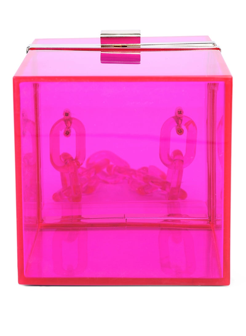 لندن راج حقيبة كلاتش شفافة مكعبة الشكل باللون الفوشيا - Image 4