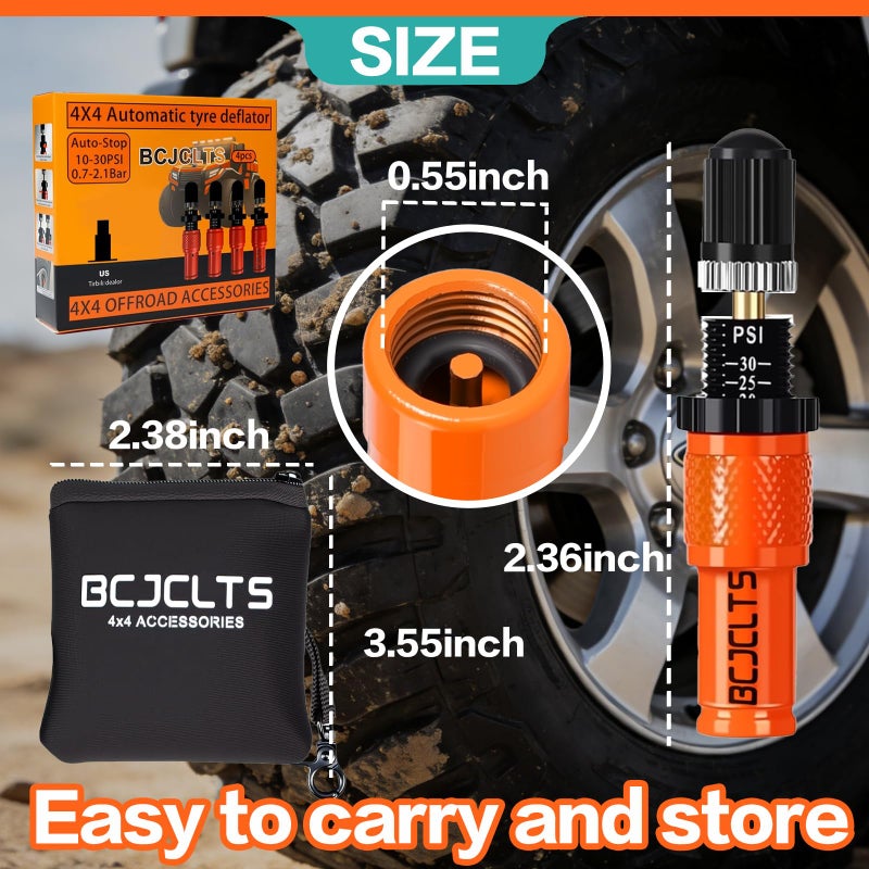 BCJCLTS Adjustable Auto-Stop Tire Deflator Valve Kit (10-30 PSI) Tire Air Down Tool Offroad 4x4 Screw-on Automatic Tire Deflators. (4, Orange) - Image 4
