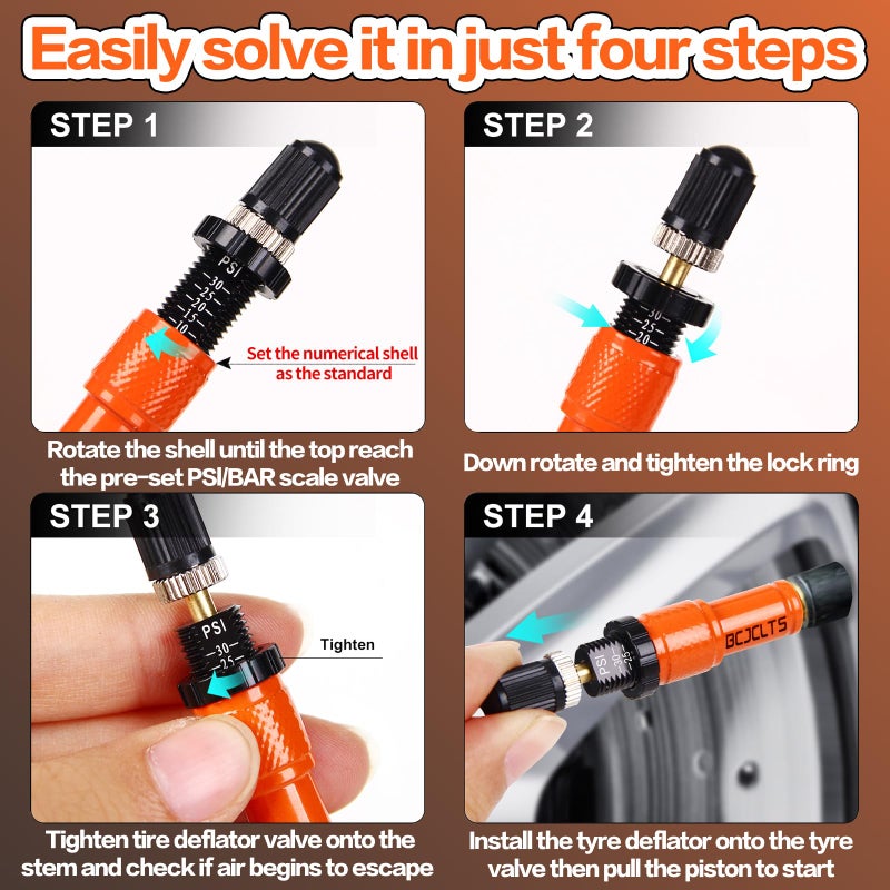 BCJCLTS Adjustable Auto-Stop Tire Deflator Valve Kit (10-30 PSI) Tire Air Down Tool Offroad 4x4 Screw-on Automatic Tire Deflators. (4, Orange) - Image 2