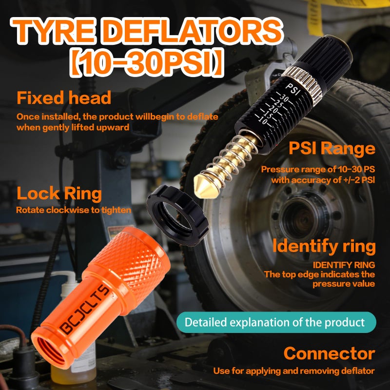 BCJCLTS Adjustable Auto-Stop Tire Deflator Valve Kit (10-30 PSI) Tire Air Down Tool Offroad 4x4 Screw-on Automatic Tire Deflators. (4, Orange) - Image 5