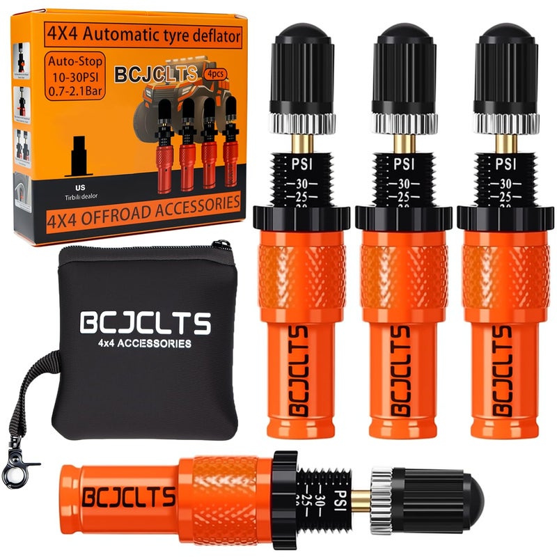 BCJCLTS Adjustable Auto-Stop Tire Deflator Valve Kit (10-30 PSI) Tire Air Down Tool Offroad 4x4 Screw-on Automatic Tire Deflators. (4, Orange) - Image 1