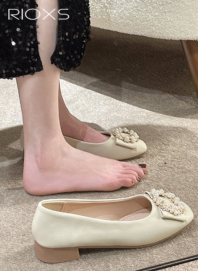 RIOXS Women's Ballet Flats, PU Leather Square Closed Toe Flats with Pearl Rhinestone Buckle, Soft Comfortable Slip on Dress Shoes Buckle Ballet Shoes for Wedding Dating Travel Prom Party, Beige - Image 2