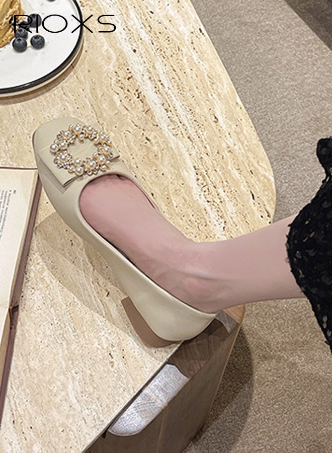 RIOXS Women's Ballet Flats, PU Leather Square Closed Toe Flats with Pearl Rhinestone Buckle, Soft Comfortable Slip on Dress Shoes Buckle Ballet Shoes for Wedding Dating Travel Prom Party, Beige - Image 3