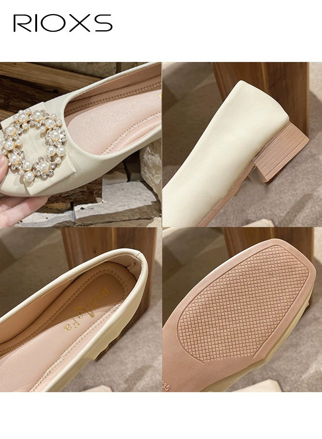 RIOXS Women's Ballet Flats, PU Leather Square Closed Toe Flats with Pearl Rhinestone Buckle, Soft Comfortable Slip on Dress Shoes Buckle Ballet Shoes for Wedding Dating Travel Prom Party, Beige - Image 5
