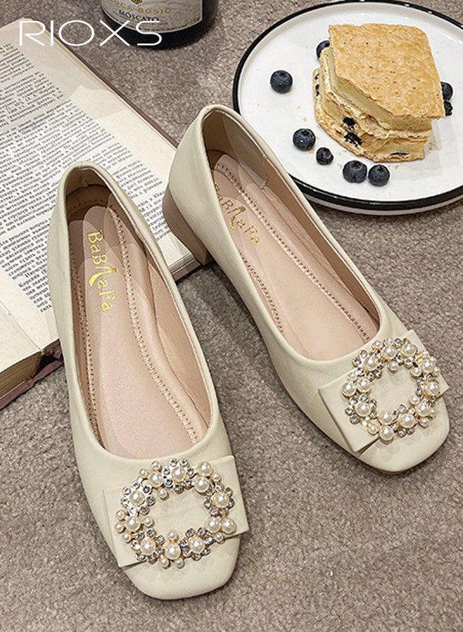 RIOXS Women's Ballet Flats, PU Leather Square Closed Toe Flats with Pearl Rhinestone Buckle, Soft Comfortable Slip on Dress Shoes Buckle Ballet Shoes for Wedding Dating Travel Prom Party, Beige - Image 4