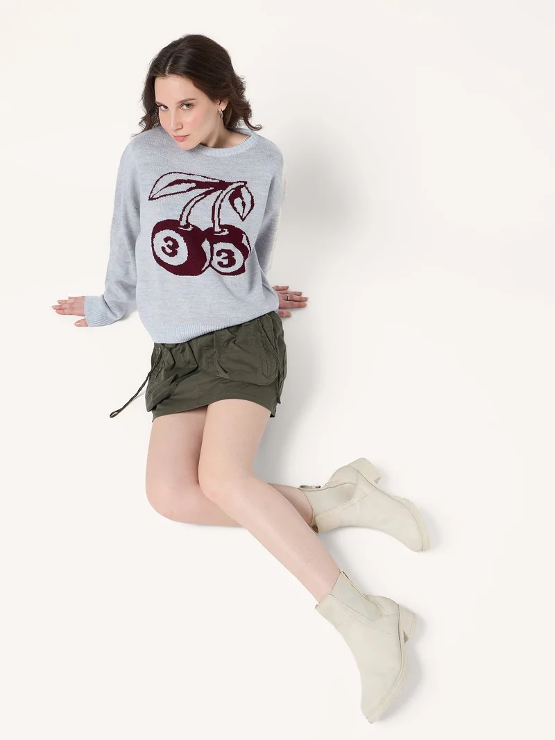 OUTZIDR  Grey Varsity Graphic Sweater for Women | Best Price UAE