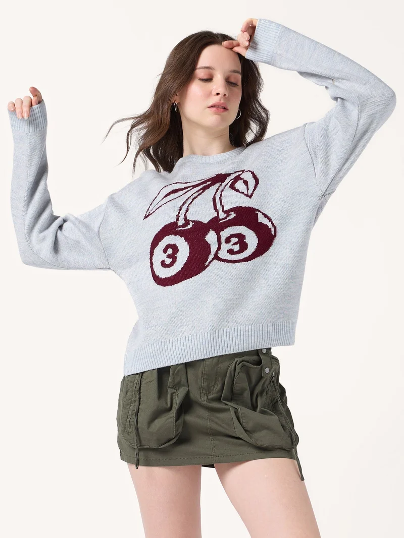 OUTZIDR  Grey Varsity Graphic Sweater for Women | Best Price UAE