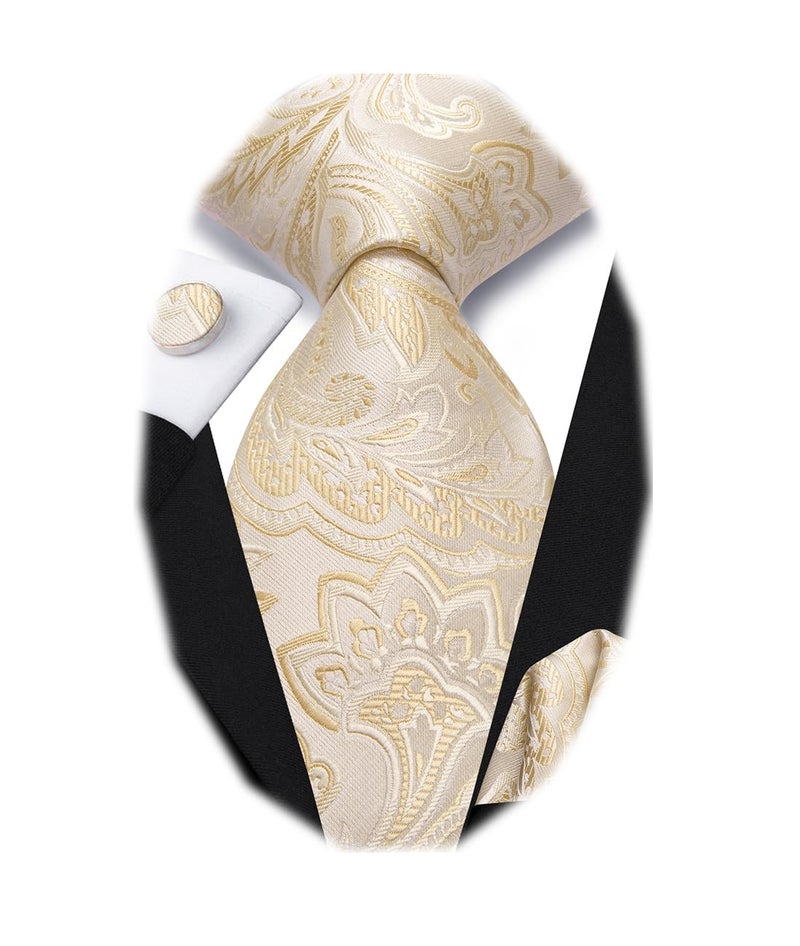 Dubulle Mens Champange Paisley Floral Silk Tie for Men Striped Necktie and Pocket Square Cufflinks Set Wedding Business - Image 1
