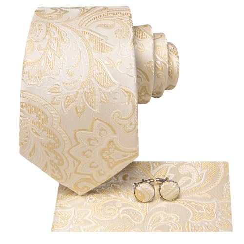 Dubulle Mens Champange Paisley Floral Silk Tie for Men Striped Necktie and Pocket Square Cufflinks Set Wedding Business - Image 4